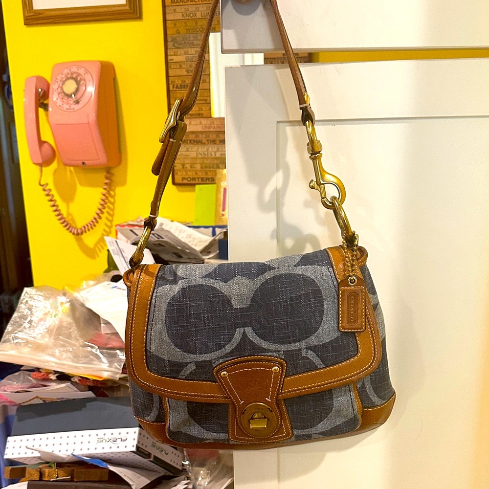 Coach Signature Ali Denim Handbag Purse Heavy Brass Fittings Tobacco Leather